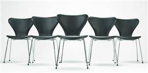 Arne Jacobsen. Seks Syveren stole, sort læder, model 3107 6