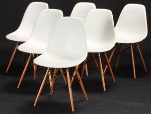 Charles Eames. Sæt på seks skalstole, model DSW. Hvid 6