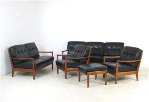 3er Lounge Sofa, 2er Sofa , Paar Sessel Ottomane in Holz und Leder 5