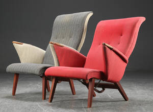 To lænestole af teak, 1950erne, dansk møbelproducent