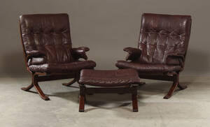 Par lænestole samt skammel, brunt skind 3