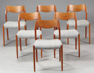 N.O. Møller. Seks spisestole, model 71, teaktræ 6