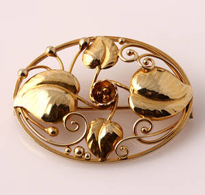 Bernhard Hertz Skønvirke broche af guld, 14 kt, ca. 1910