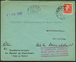 1945. Brev sendt fra VEJLE 3.8.1945 til Fængselsbetjent ved Rendbæklejren pr. Arvild. Brevet er returneret med Ikke her. Adresse ubekendt.