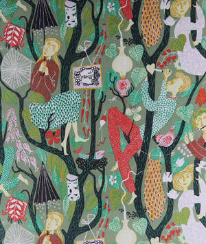 Tyg, Stig Lindberg, Melodi, grön, lin, 2 m