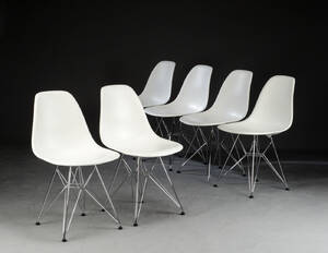 Charles Eames. Sæt på seks skalstole, model DSR 6