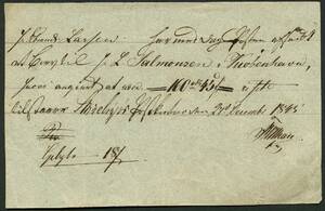 1845. To Postbeviis for værdibreve. Begge udstedt på Skielskjør Postexpedition hhv. 1845 og 1865.