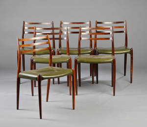 Niels O. Møller 1920-1982. Seks stole af palisander, model 78. 6