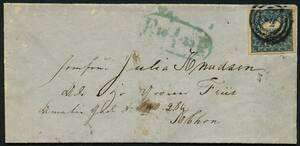 AFA 2a 1851. 2 Rigsbankskilling, Ferslew, Plade I, Position 9, Type 1. Fodpostbrev sendt lokalt i København. Annulleret med nummerstempel 1 og sidestemplet med fodpoststempel FP 1.1.1853 type VI i blÃ¥ farve. –º