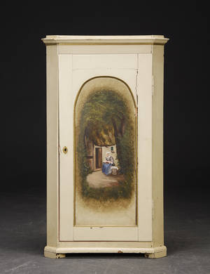 Hjørneskab med alumuemotiv.