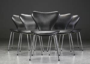 Arne Jacobsen, seks stole med læderovertræk, model 3107 6  Denne vare er sat til omsalg under nyt varenummer 4994465