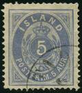 AFA 6 1876. Oval, 5 Aur, blå, takket 14. Spaltet Ø-ramme på midten. Annulleret EGILSTADIR. Pænt centreret. AFA 6000