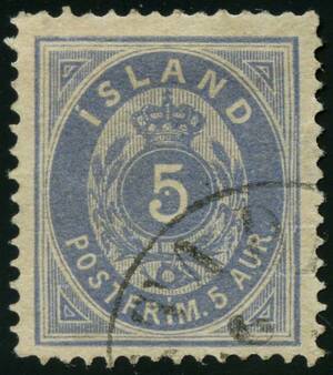 AFA 6 1876. Oval, 5 Aur, blå, takket 14. Spaltet Ø-ramme på midten. Annulleret EGILSTADIR. Pænt centreret. AFA 6000