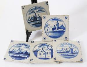Kakelplattor 5st, troligen Holland, 1700-tal