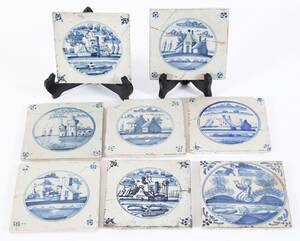 Kakelplattor 8st, fajans, troligen Holland, 1700-tal