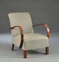 Lænestol af egetræ og uldstof, 1900-tallets første halvdel