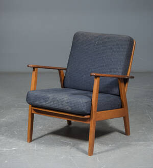 Armstol af teak og eg, hynder med uld, 19501960