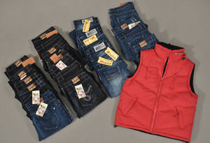 Parti denimbukser, 20 stk.  samt 1 Norwegian vest. 21