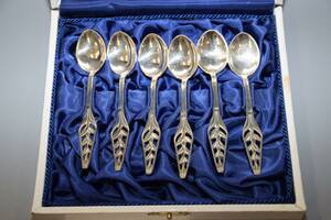 Kaffeskedar silver, 6 st i schatull, L 11 cm