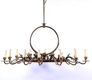 STOR OVAL LOFTBELYSNING, bronserad metall, 12-ljusarmar, 1900-talets mitt.