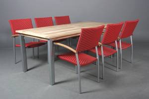Havemøbler Bord samt seks armstole, teakrødt polyrattan. 7
