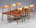 Niels O. Møller. Sæt på seks spisestole, egetræ, model 75. 6 