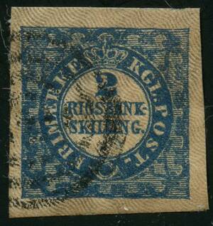 AFA 2a 1851. 2 Rigsbankskilling, Ferslew, Plade I, Position 26, Type 6. Annulleret med stumt stempel. Flot bredrandet mærke. Attest Erik Påskesen 1985.