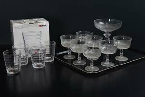 AINO AALTO, selterglas, 4 st, Iittala, samt bricka med starkvinsglas, 7 st, samt skål