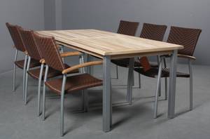 Trädgårdsmöbler bord och sex fåtöljer, teak brun polyrattan. 7