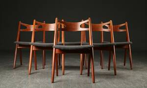 Hans J. Wegner. Seks Savbukkestole af teaktræ, model CH-29 6  Denne vare er sat til omsalg under nyt varenummer 4819364