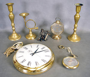 LJUSSTAKAR, KLOCKA, BAROMETER M.M., mässing.
