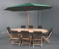 Havemøbelsæt i teak. 1 bord, 8 klapstole med hynder og 1 parasol 10