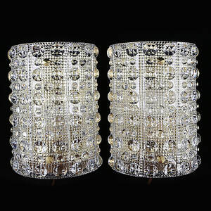 VÄGGLAMPETTER, 1 par, glas och mässing, Carl Fagerlund, Orrefors.