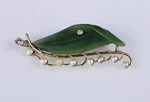 BROSCH, guld 14 k, 8 odlade pärlor, briljanter 0,06 ct.