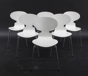 Arne Jacobsen 1914-2007 Sæt på seks stole, model 3100 Myren, hvidlakerede 6