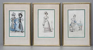 MODEBILDER, 3 st. Publicerade i La Belle Assemblée, England, 1800-tal.