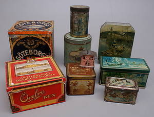PLÅTBURKAR, 9st, bl a Örebro Kex  Göteborgs Kex, 1900-tal.