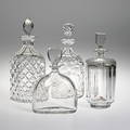 KARAFFER, 4 st, glas, bl.a. Orrefors, Edward Hald. Kosta. 1900-tal.