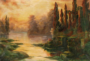 ALPINUL, A. Fantastische Seenlandschaft mit Heiligtum. ÖlLeinwand. 72 x 106 jeweils um 2 cm umgeschlagen. R. u. sign. A. Alpinul. Ungerahmt.