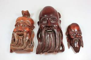 DREI MASKEN, China, Hartholz.