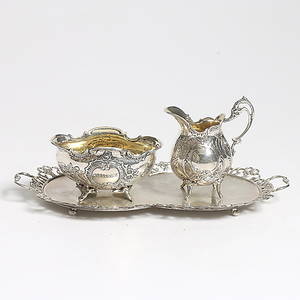 SOCKERSKÅL, GRÄDDSNIPA med BRICKA, silver, GEWE, 196064. Vikt 308 gram.