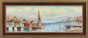 ERIC LUNDGREN. Kustbild med sjöbodar, olja på duk, signerad.