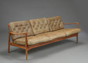 Tre-pers sofa af læder og teak