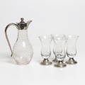 KARAFF samt NUBBEGLAS, 5 delar, glas samt nysilver, 1900-tal.