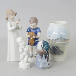 FIGURINER SAMT VAS, 5 delar, Royal Copenhagen, Bing Gröndal samt Lladro.