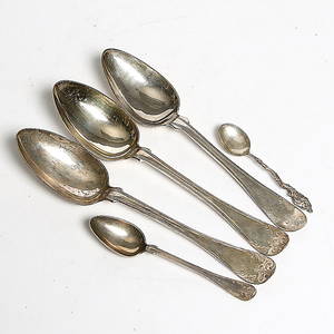 SKEDAR, 5 st, silver, Sundsvall, 1800-tal. Totalvikt 171 gram.