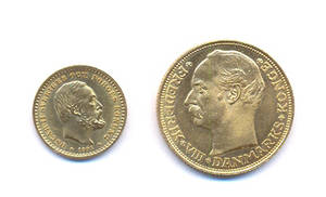 Danmark 20 kroner 1909 og Sverige 5 kroner 1901 guld