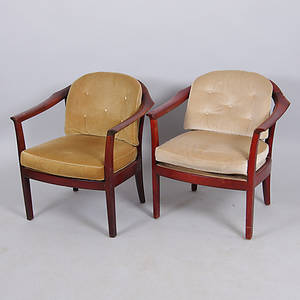 FÅTÖLJER, 1 par, mahognybetsat trä, plyschklädsel.