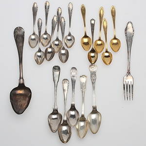 PARTI SKEDAR samt GAFFLAR, 80 st, silver samt nysilver, silvervikt 420 gram, 17-1900-tal.