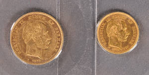 Danmark. 2 guldmønter, 20 kroner 1873 og 10 kroner 1900